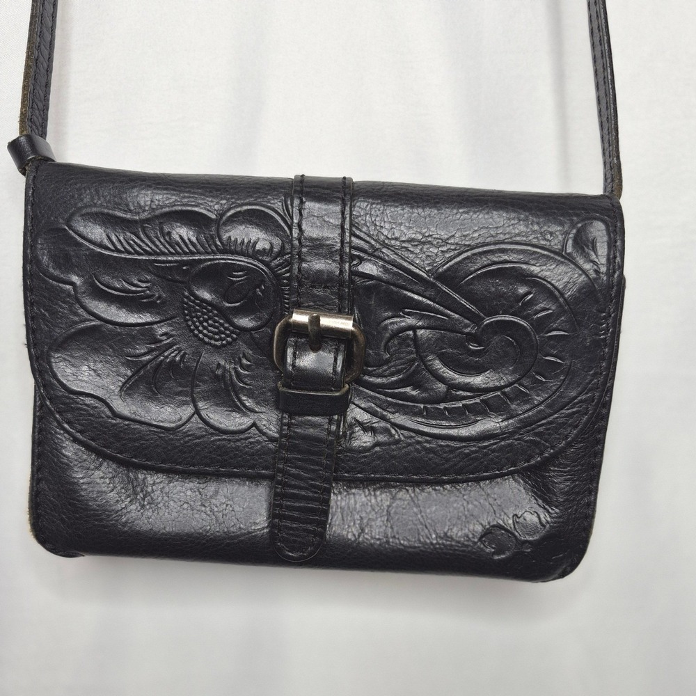 Patricia Nash Black Leather Torri Tooled Floral Crossbody Buckle Strap With Bag